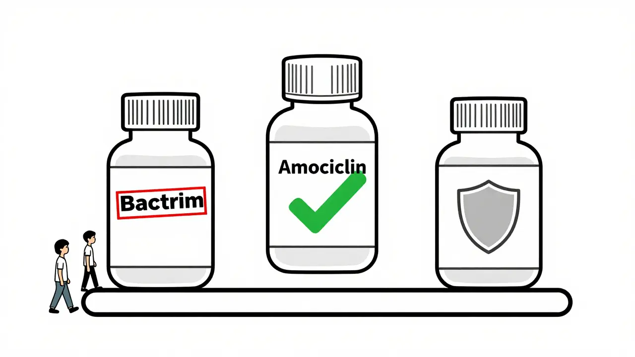 Three antibiotic bottles on a scale, showing safe vs. dangerous options for warfarin users.