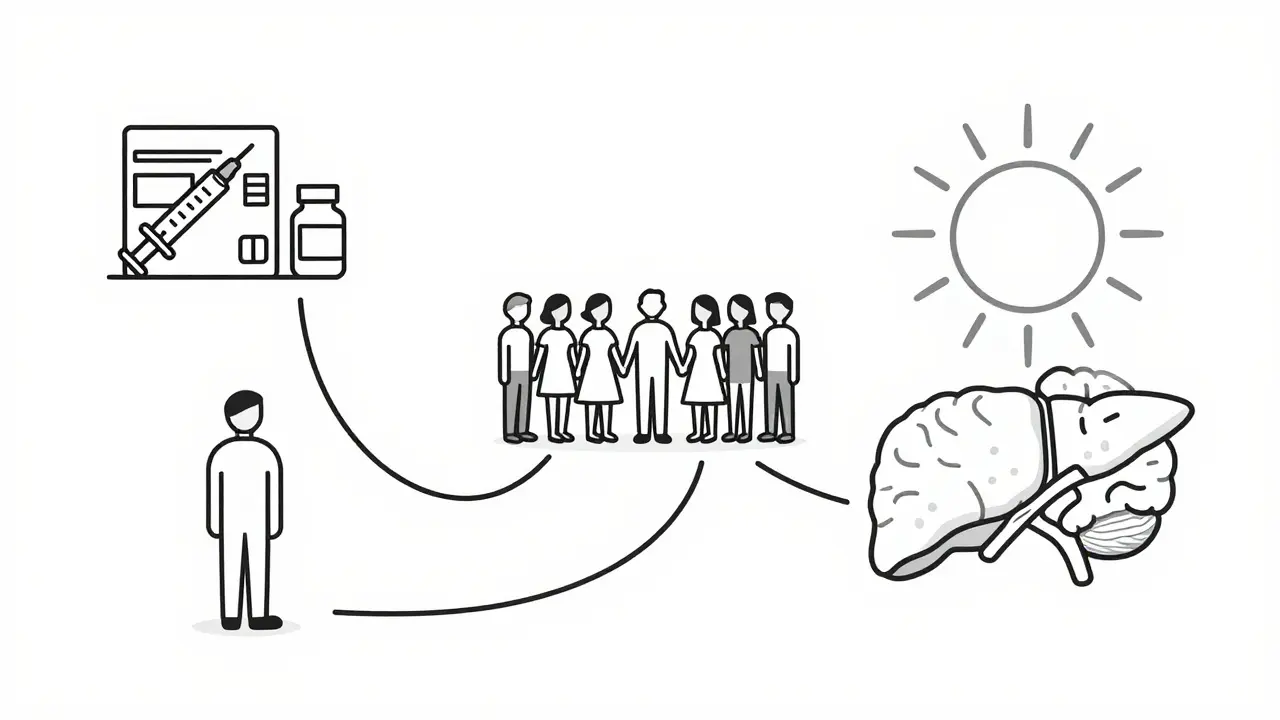 Three paths of recovery: medical treatment, support group, and healing body, drawn in clean monoline style.