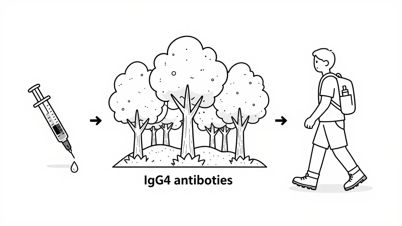 Timeline illustration showing immune system transformation through venom immunotherapy.