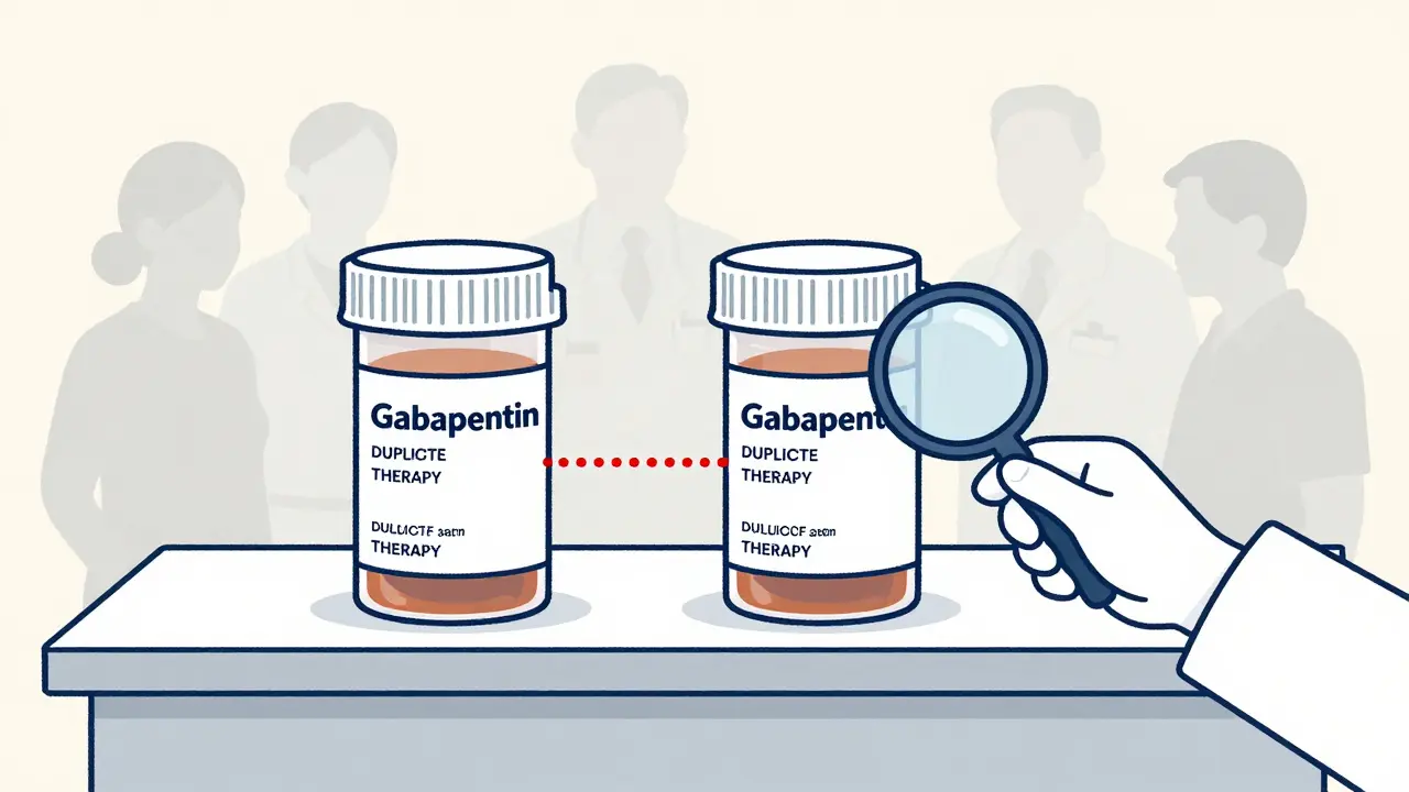Two identical prescriptions flagged as duplicate therapy with a red connection line.