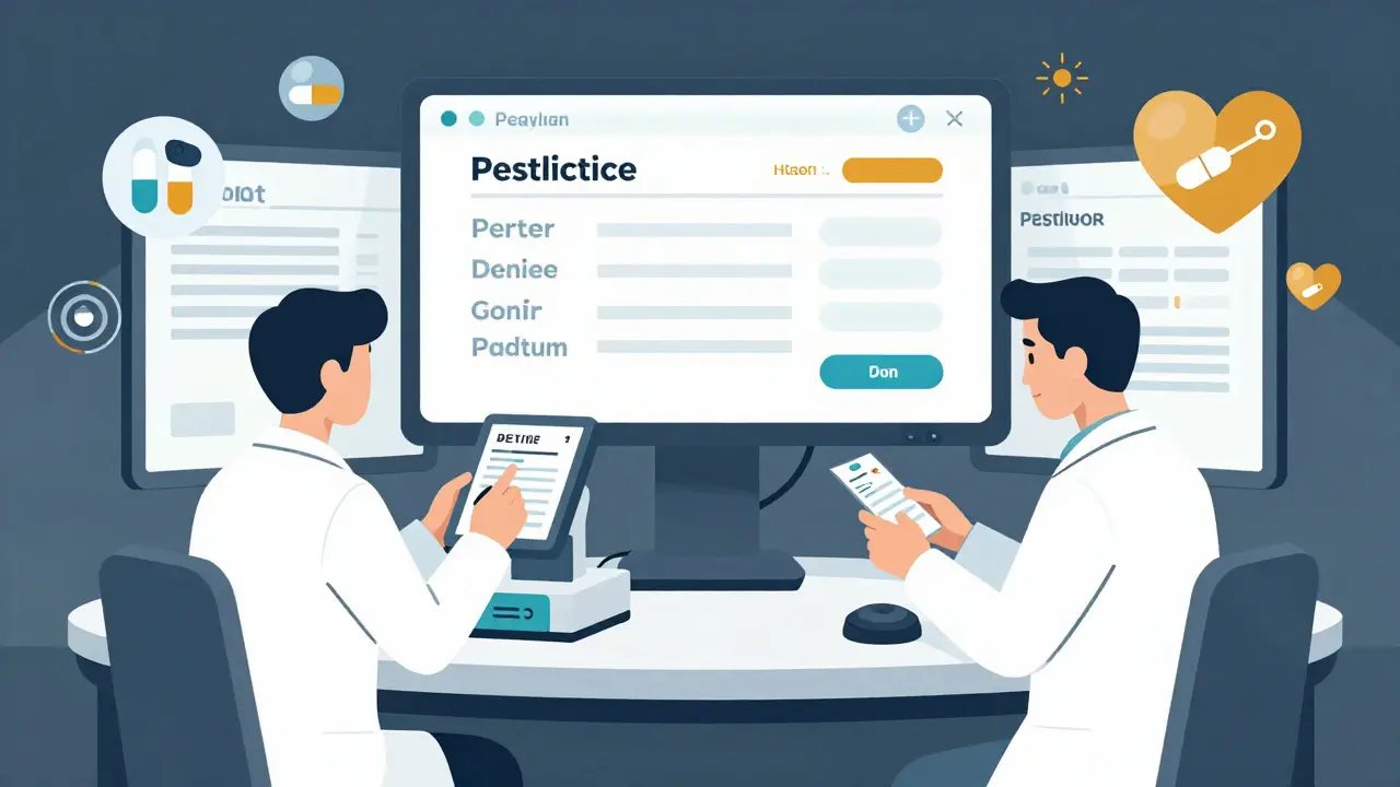 Two pharmacists remotely verifying prescriptions on screens, with automated safety alerts displayed.