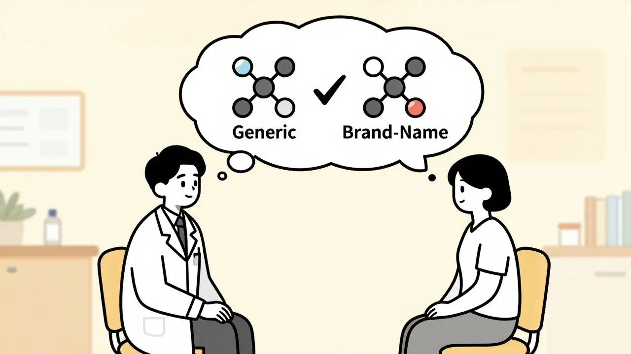 A doctor and patient in a clinic with a thought bubble showing identical molecular structures for generic and brand-name drugs.