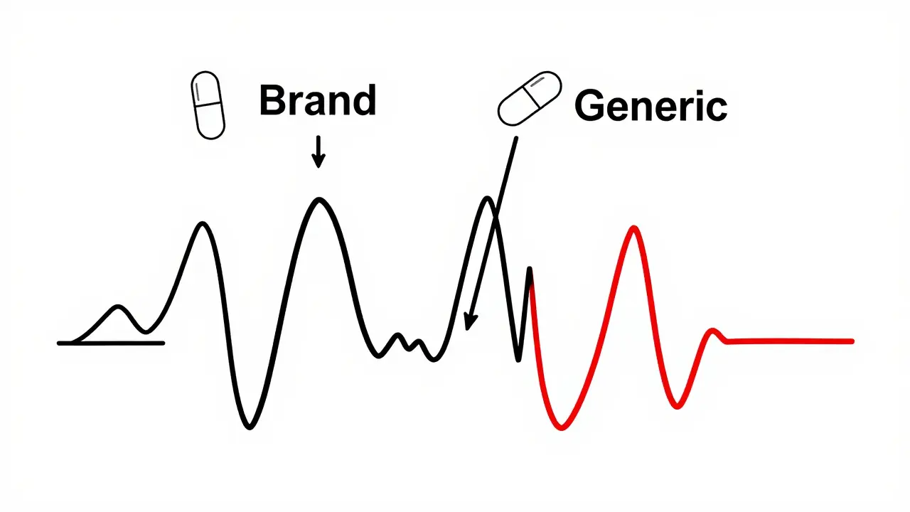Blood pressure graph with sharp spikes and drops above generic and brand pill icons, showing unstable drug absorption.