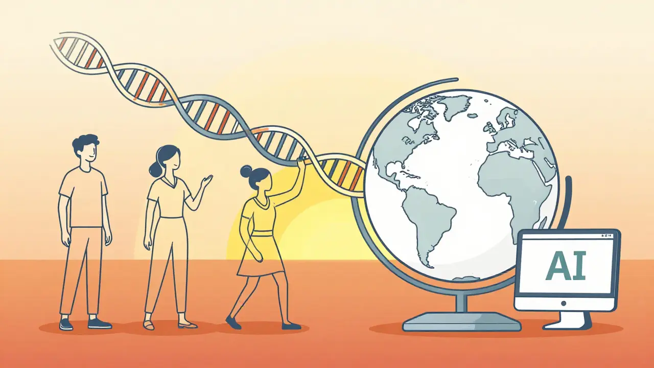 Diverse people with DNA strands connecting to globe and computer for equitable AI.