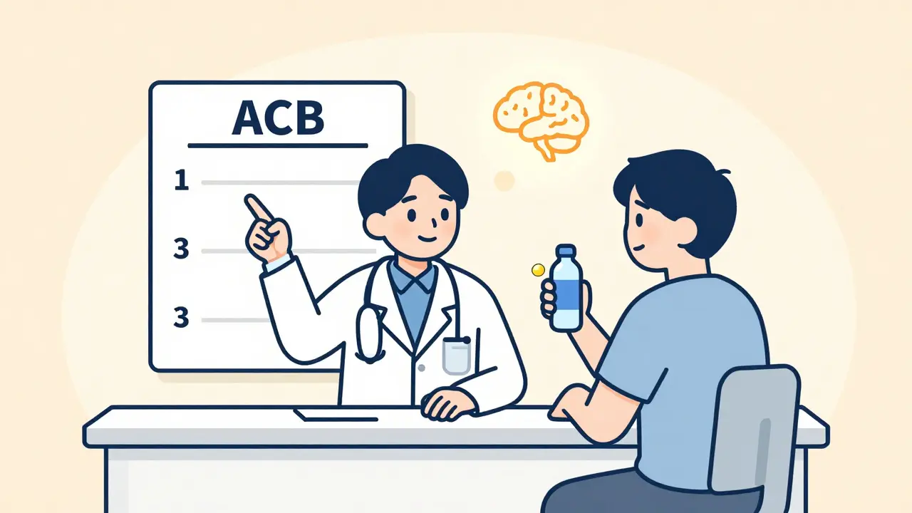 Doctor and patient reviewing an ACB scale chart with gum and water nearby, brain glowing gently above.