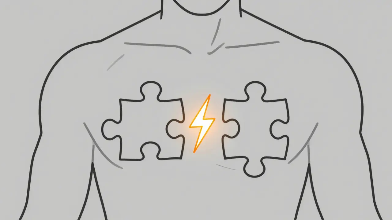 Human torso with mismatched puzzle pieces representing combination drugs, one sparking with danger due to formulation differences.