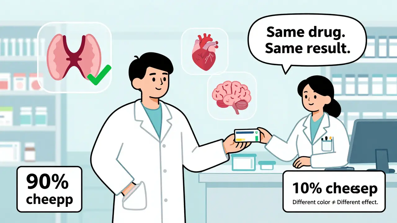 Patient receiving generic prescription with medical icons and price savings highlighted.