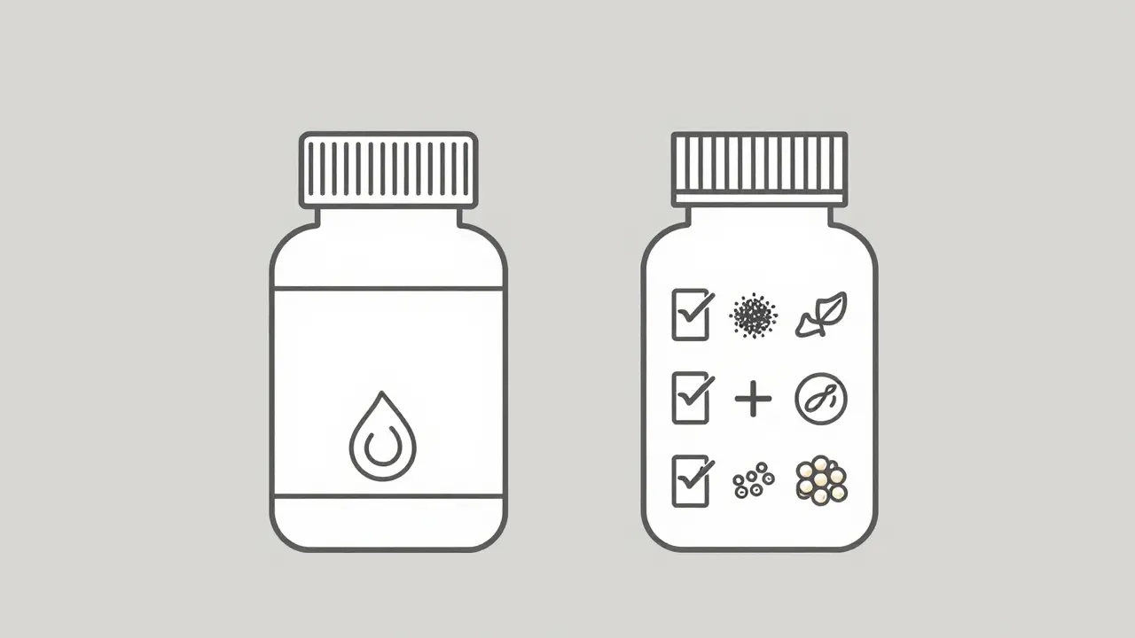 Pharmacist comparing US and EU medication label details with ingredient icons.