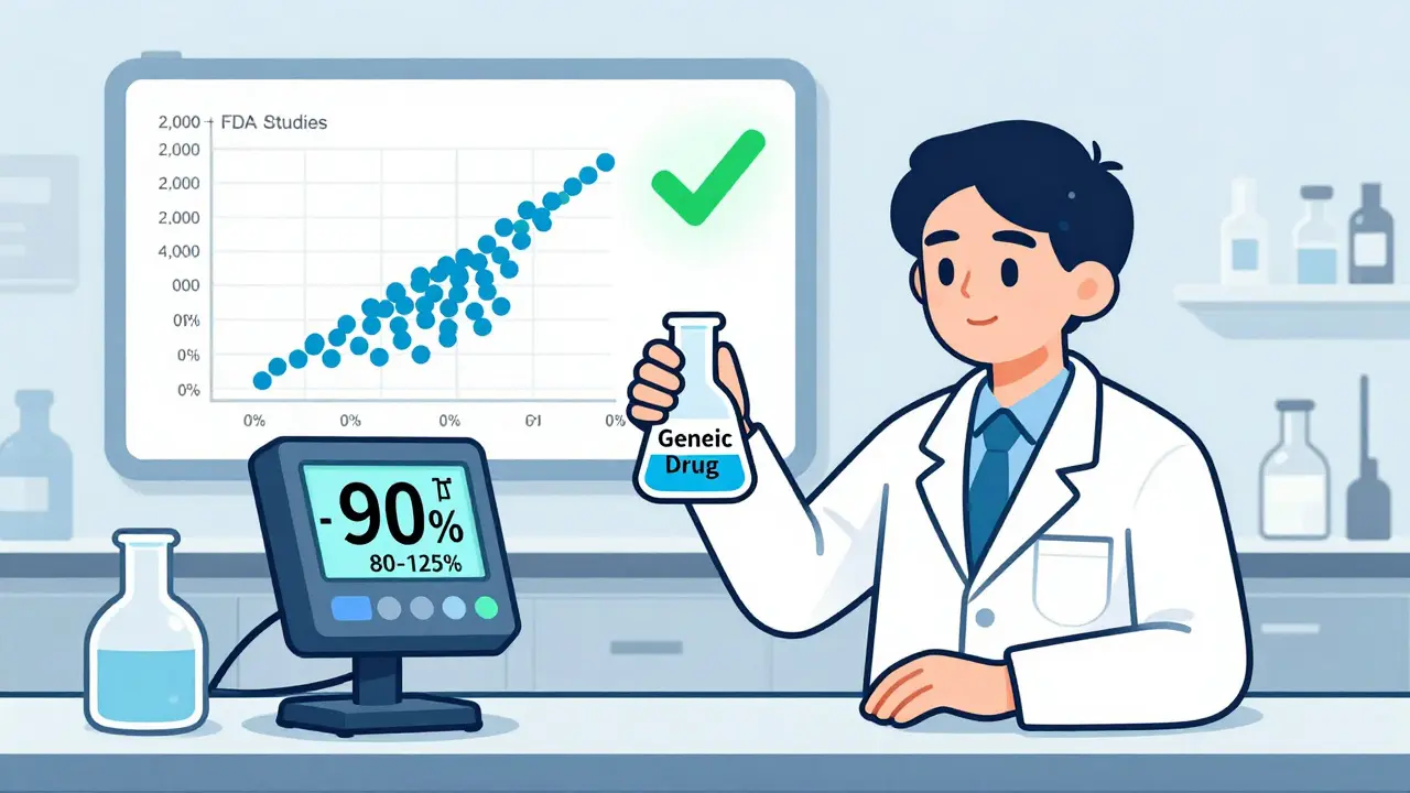 Scientist viewing lab data with FDA bioequivalence range displayed as a confident green interval.