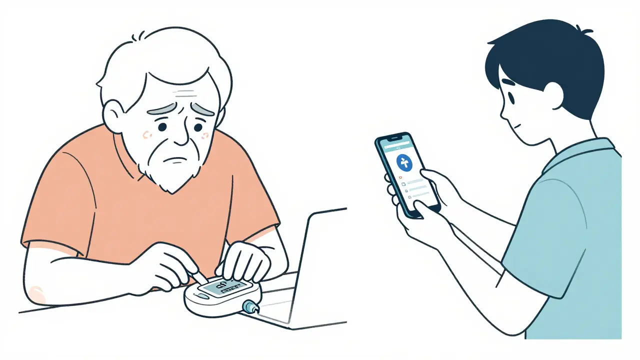 Side-by-side comparison: elderly person struggling with home INR device vs. young person successfully testing with smartphone link.
