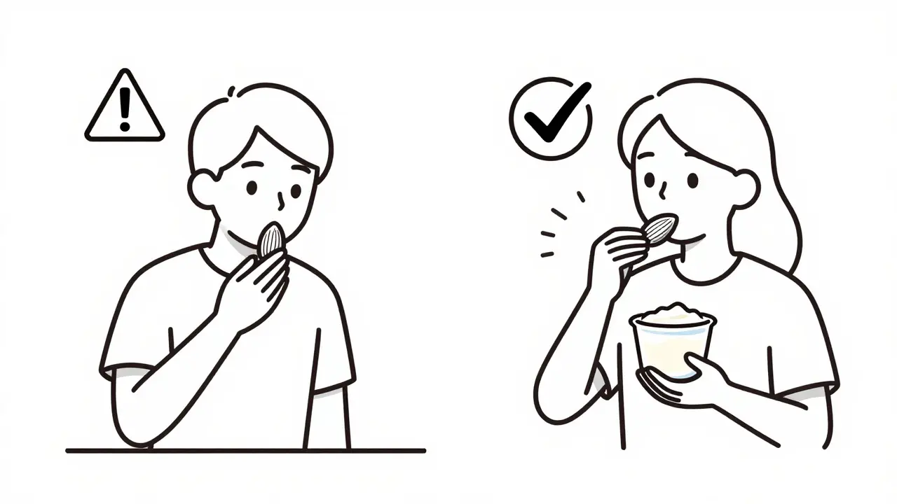 Side-by-side comparison of eating almonds alone vs. with yogurt, showing how calcium pairing reduces stone risk.