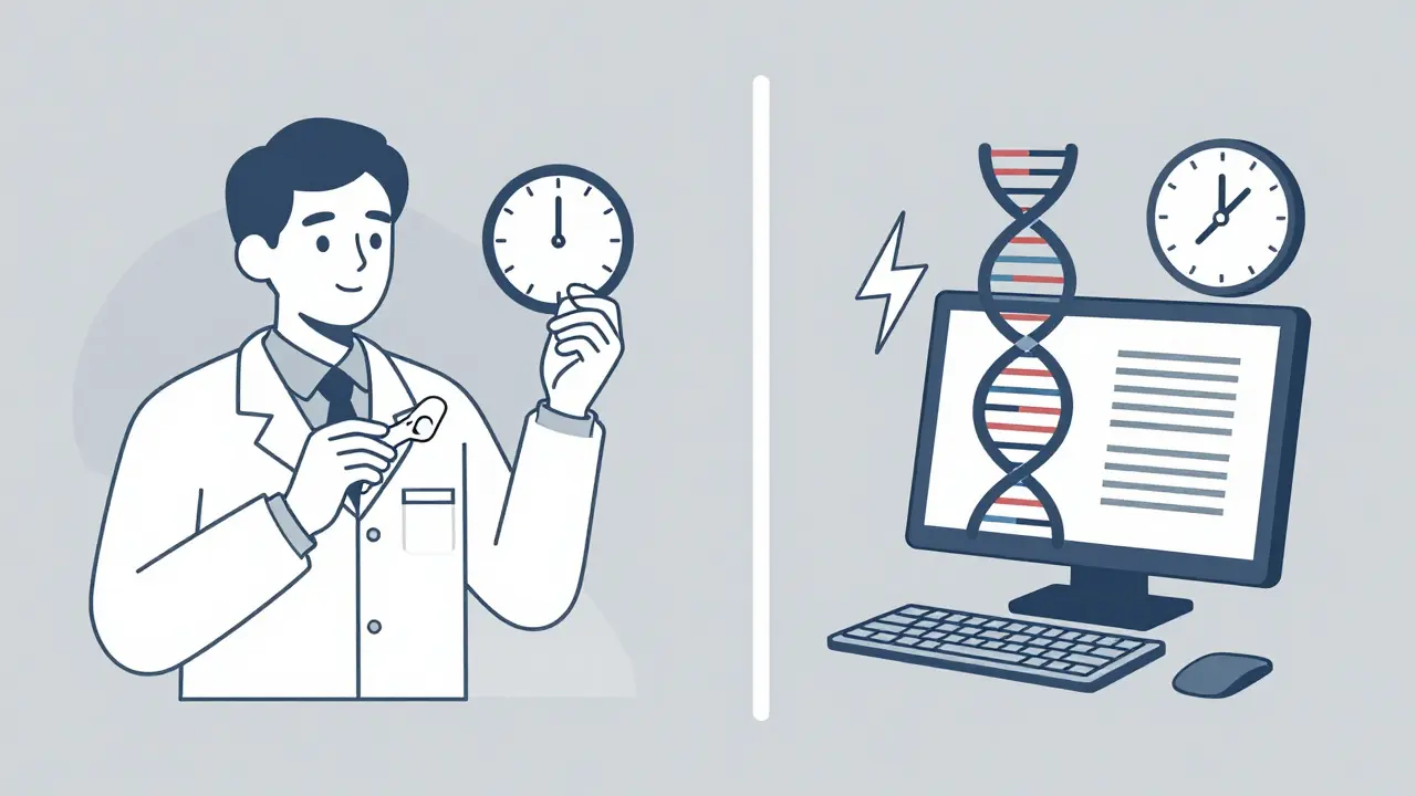 Split screen: pharmacist with slow clock vs computer with lightning bolt.