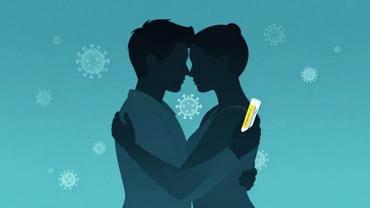 Two figures embracing with faint virus icon between them, showing informed intimacy and transmission awareness.