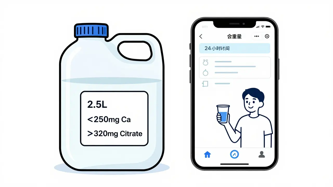 Urine collection jug with health targets and smartphone app tracking water intake, symbolizing consistent prevention habits.