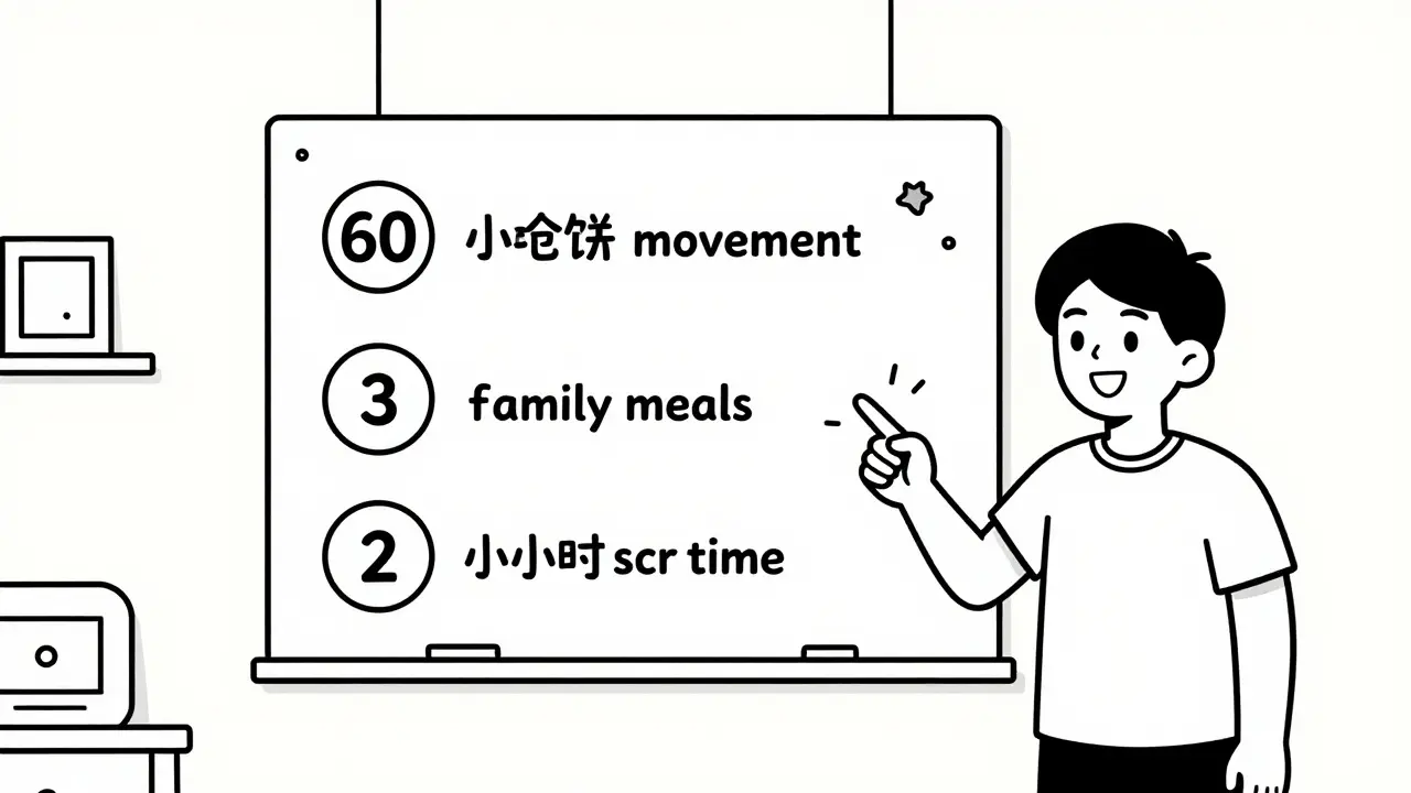 A child's wall chart shows stickers for daily health goals like movement, no sugary drinks, and limited screen time.