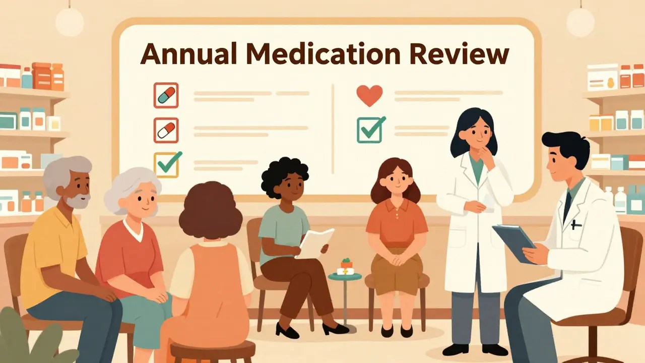 A diverse group of people and pharmacists having calm conversations about medications in a community pharmacy.