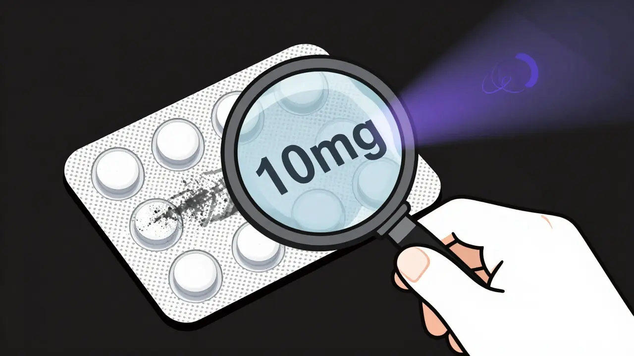 A hand using a magnifying loupe to inspect a pill blister pack, revealing blurred microtext on the fake version.