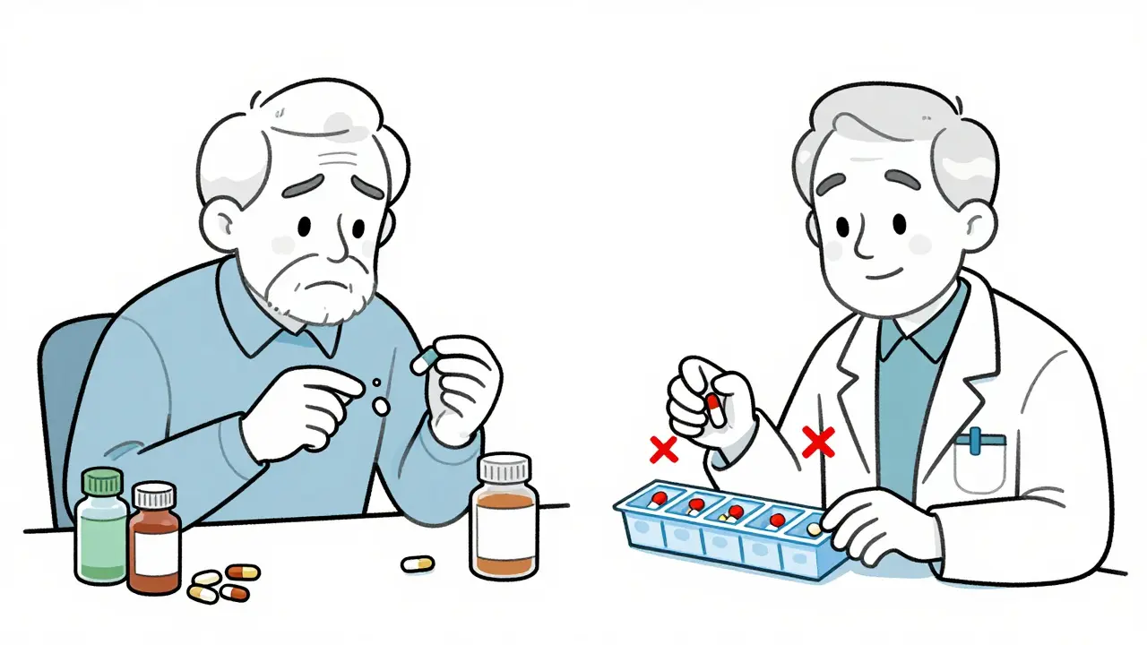 A man before and after a medication review, transitioning from chaotic pills to a simplified pill organizer.