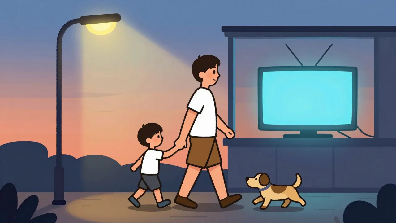 A parent and child walk together after dark, with a dog and a faint TV glow in the window, symbolizing active family time.
