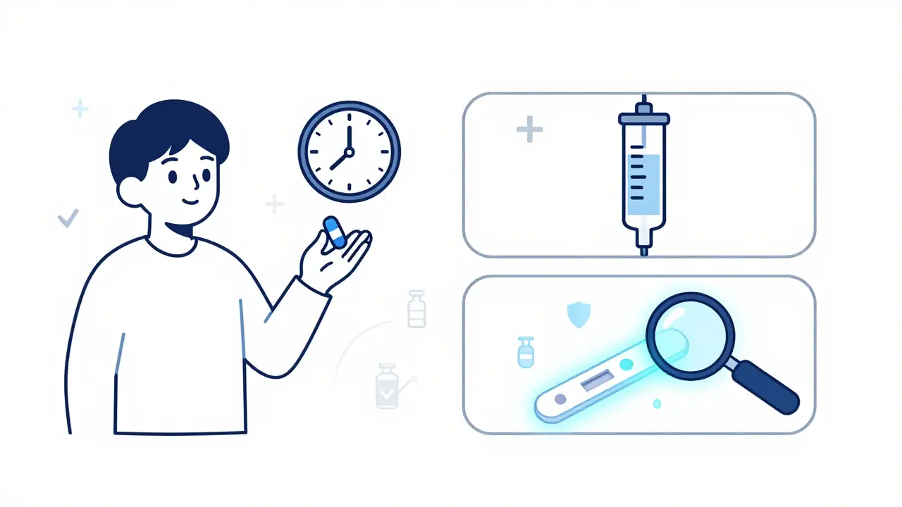 A person taking a pill for early Lyme, with IV treatment and a new urine test shown alongside, symbolizing treatment options.