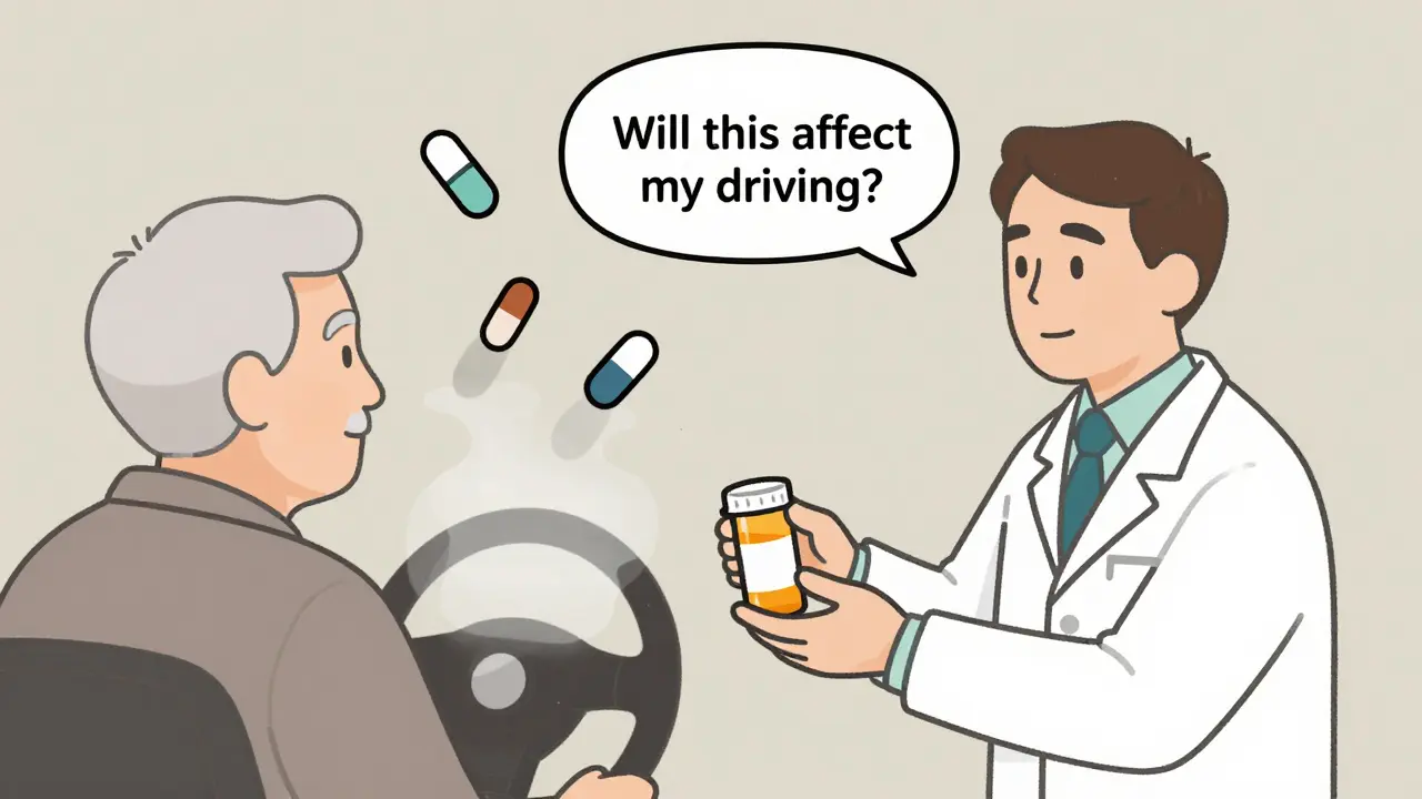 A pharmacist advising an elderly patient about driving risks from prescription drugs.