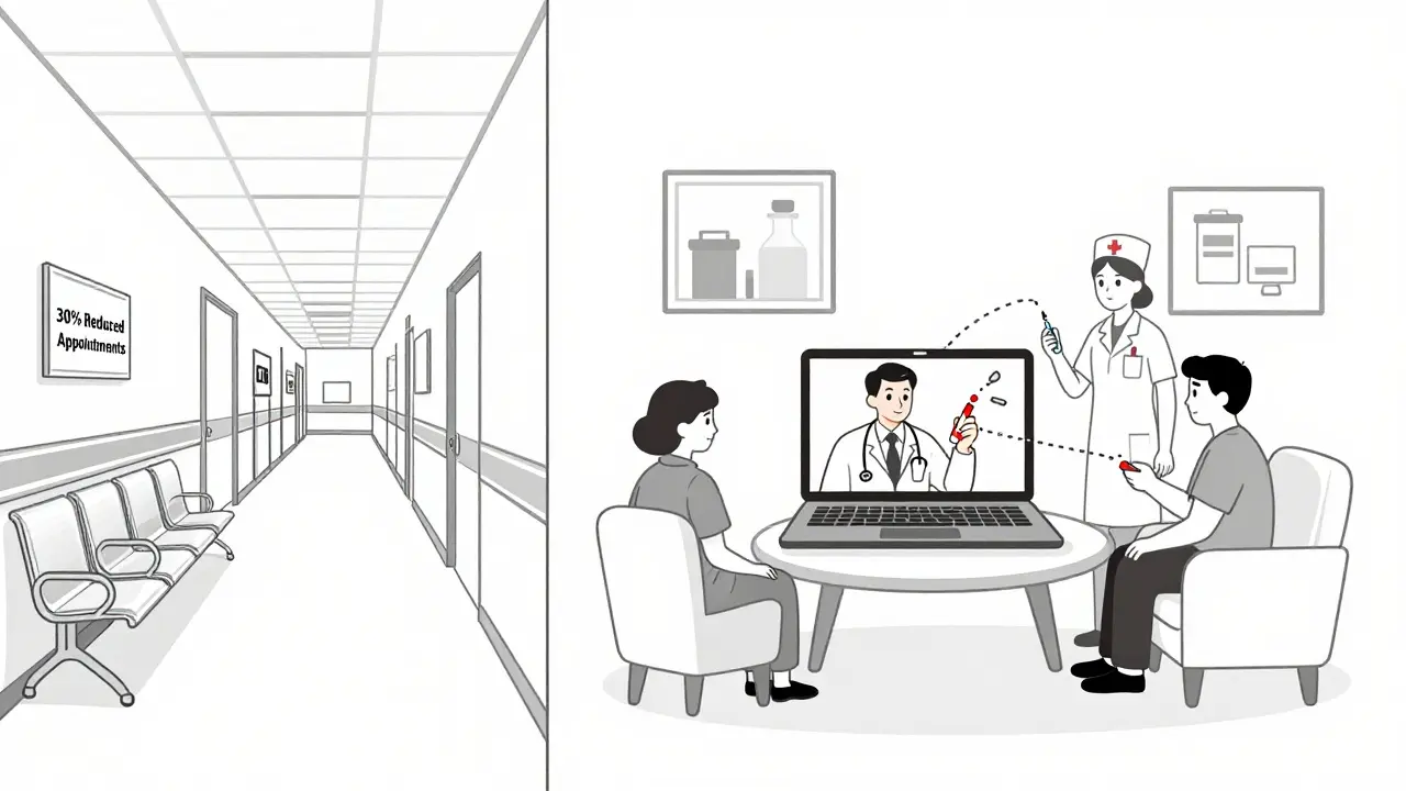A split scene showing an empty hospital corridor and a video consultation in a home, with a dementia patient holding insulin.
