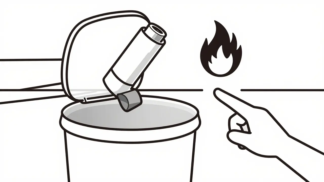 Empty inhaler canister being placed correctly into a trash bin for disposal.