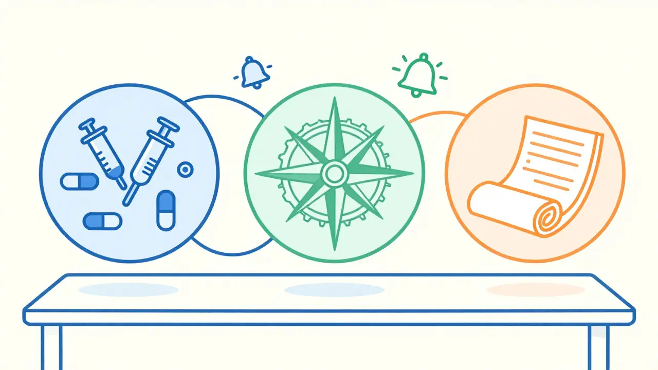 Illustration of three storage bins containing medical supplies and documents.