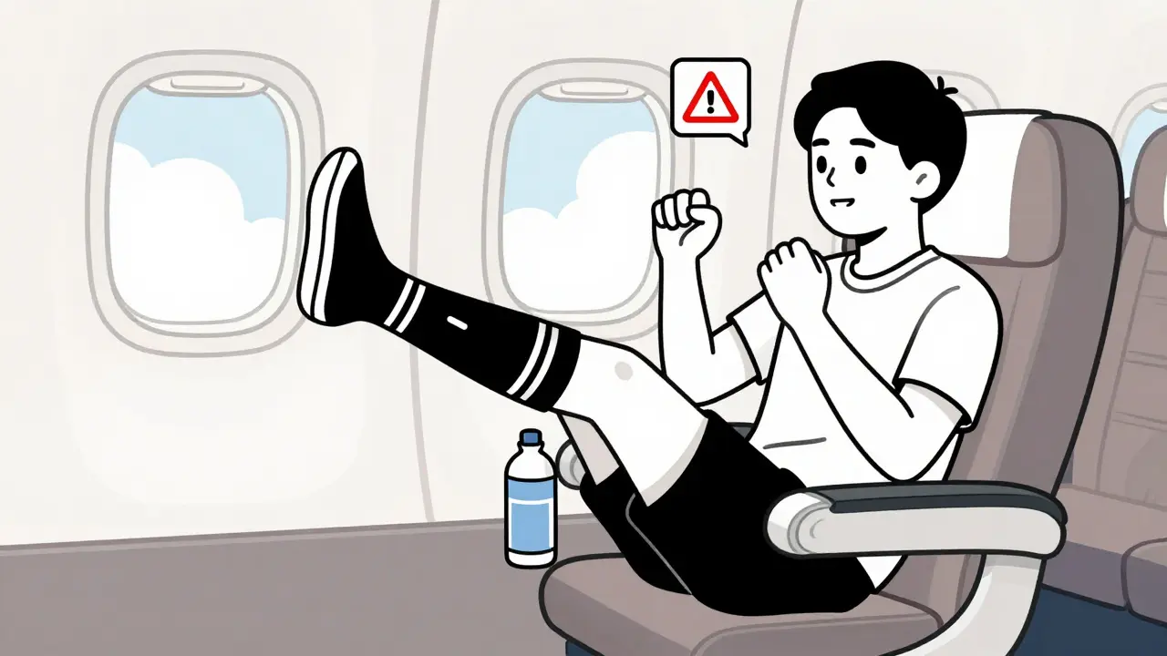 Person doing leg exercises on a plane while wearing compression socks and drinking water.