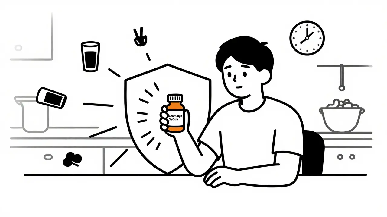 Person taking cromolyn sodium pill with a protective shield blocking triggers like alcohol and stress, clock showing 4-8 weeks above.