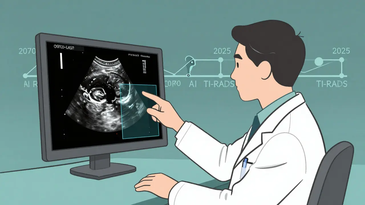Radiologist and AI interface analyzing an ultrasound image together, highlighting subtle patterns to assess cancer risk.