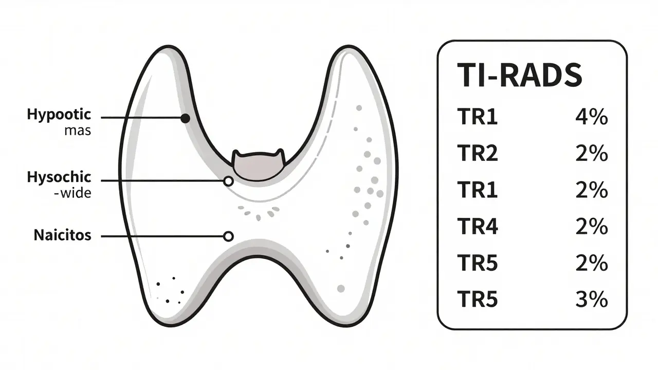 Stylized thyroid gland with five key ultrasound features labeled: composition, echogenicity, shape, margin, and microcalcifications.