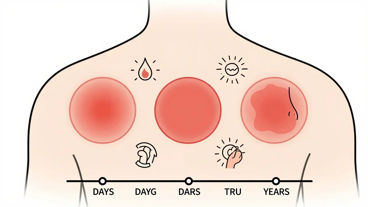 Three types of Lyme disease rashes on skin, with icons representing flu-like symptoms and progression over time.