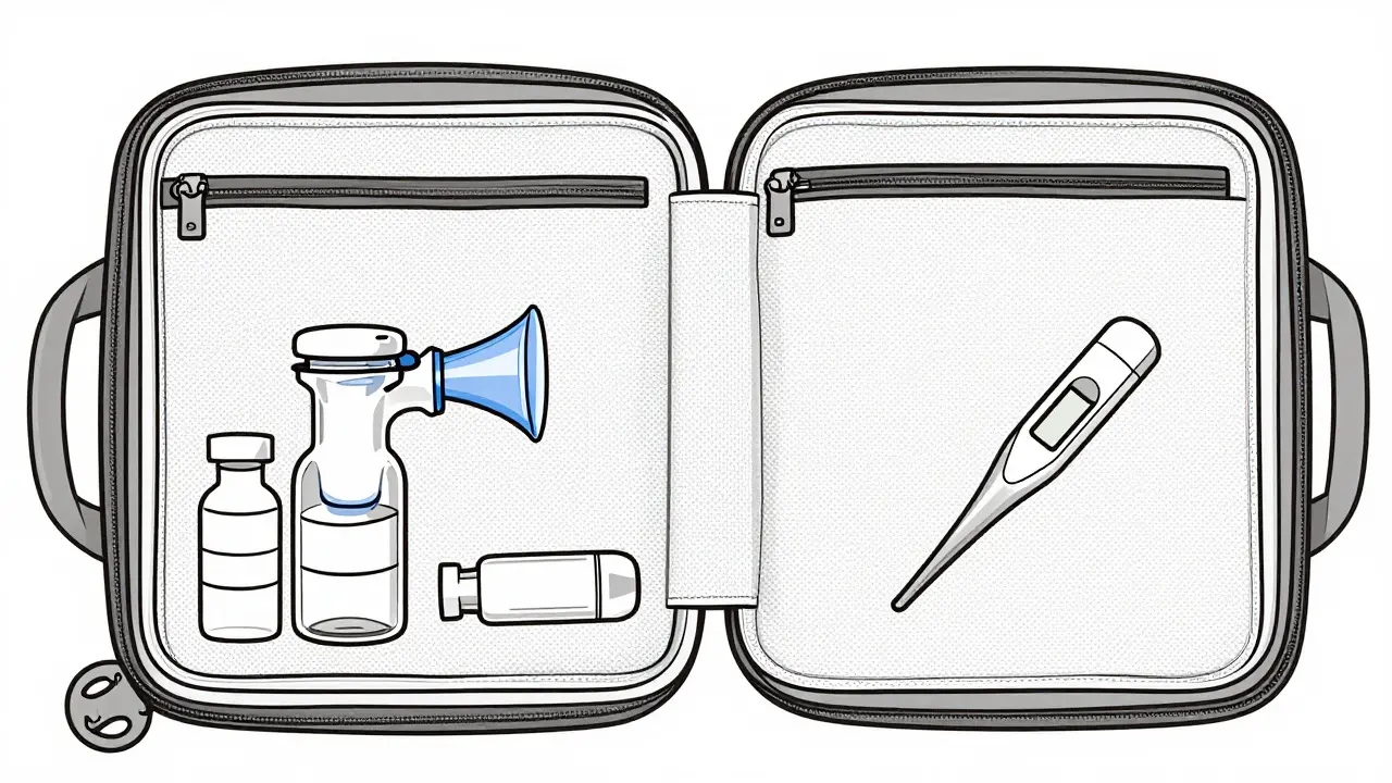 Traveler packing medical inhaler and nebulizer in an insulated bag.