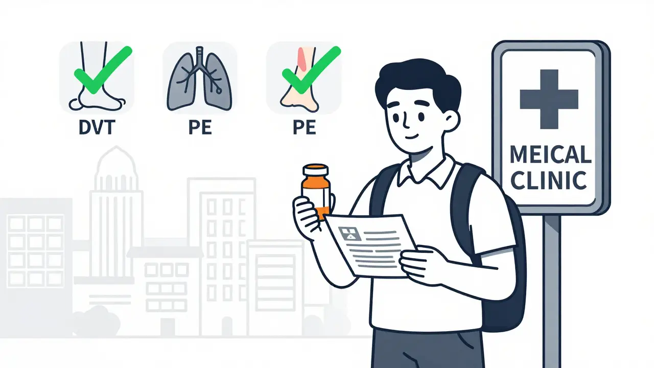 Traveler with medical documents near a clinic, with warning symbols crossed out for safety.
