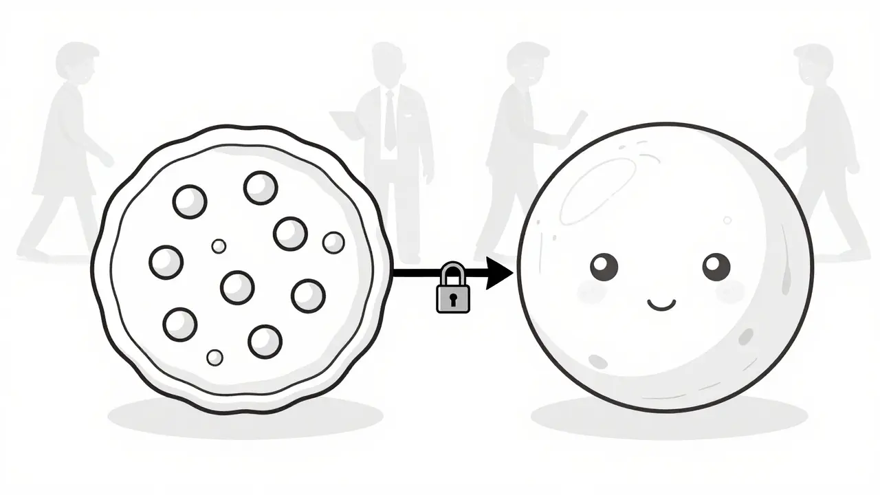 Two mast cells side by side: one exploding, one sealed, with calcium ions blocked by a lock, symbolizing stabilization.