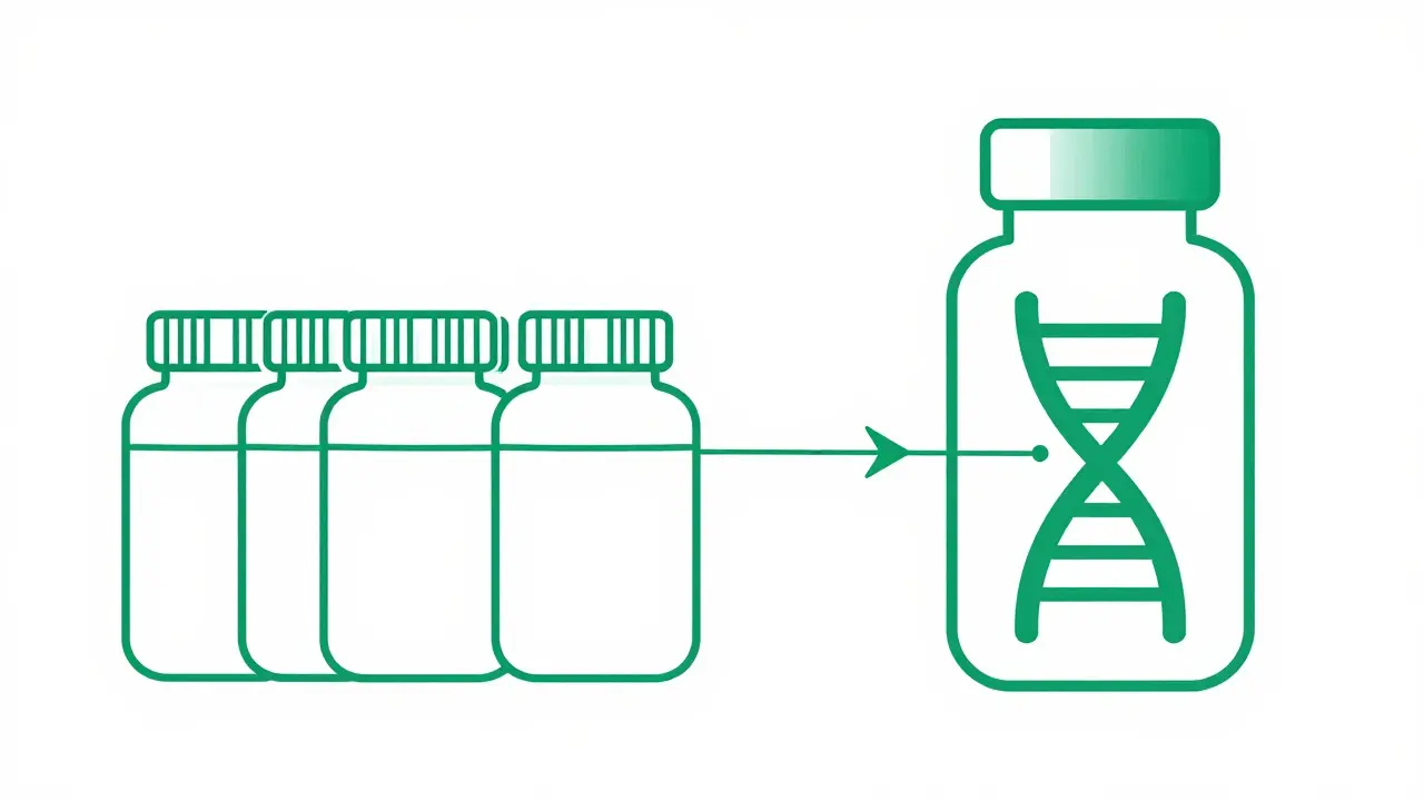 A DNA helix connected to a personalized medicine bottle, contrasting with generic pills