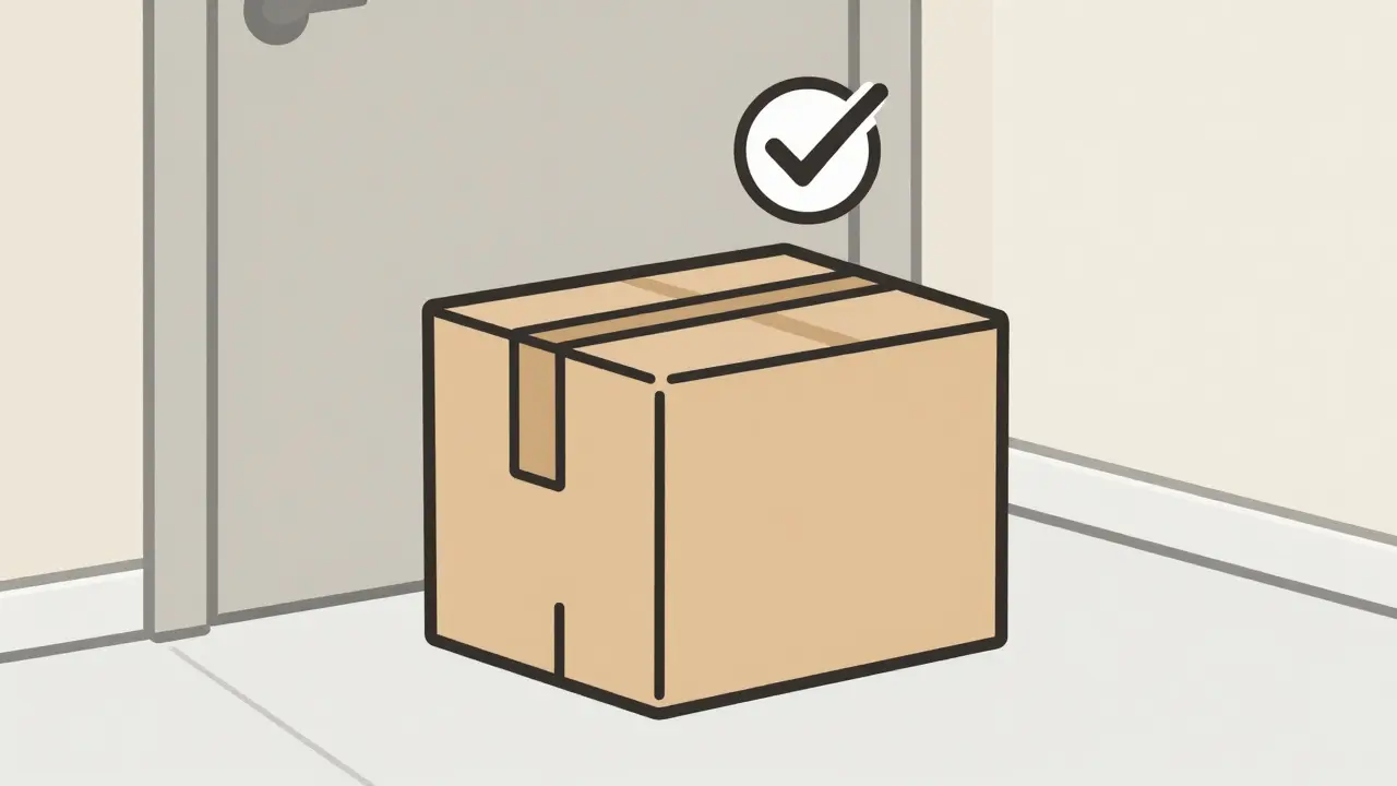 A secure medication package delivered to a doorstep in monoline style