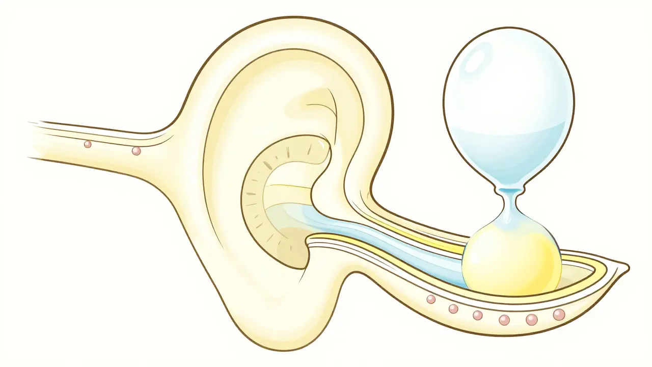 An inner ear diagram showing fluid pressure like an overfilled balloon