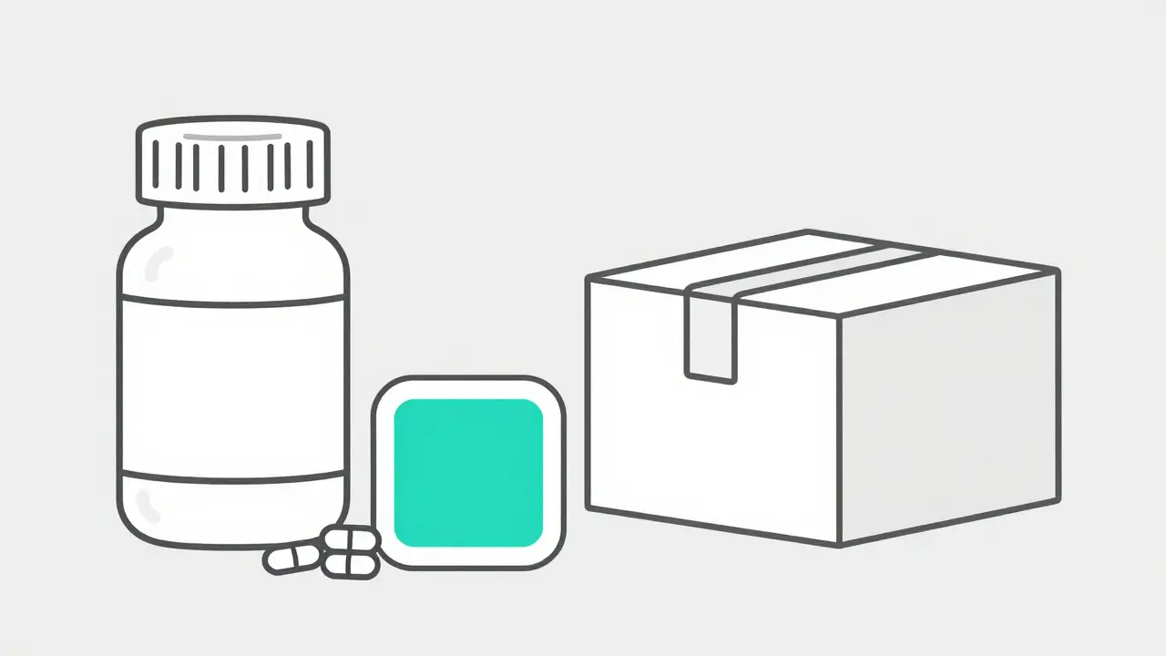 Generic medicine tablets, a transdermal patch, and a delivery box