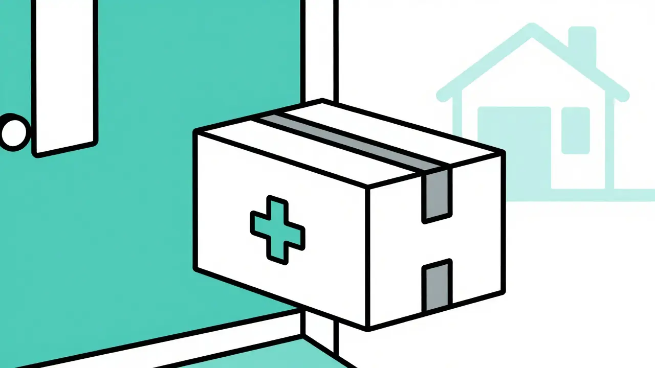Illustration of a secure medication delivery package arriving at a home doorstep.