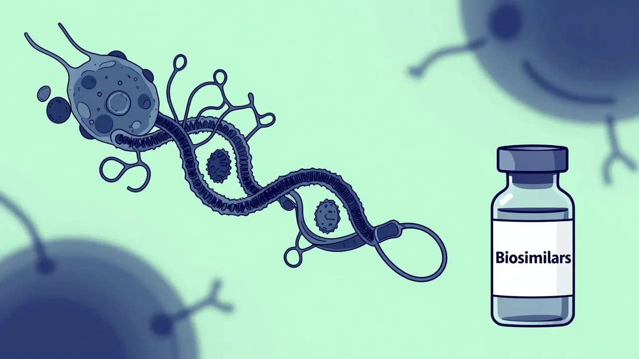 Monoline illustration of a complex biological cell transitioning into a medical vial.