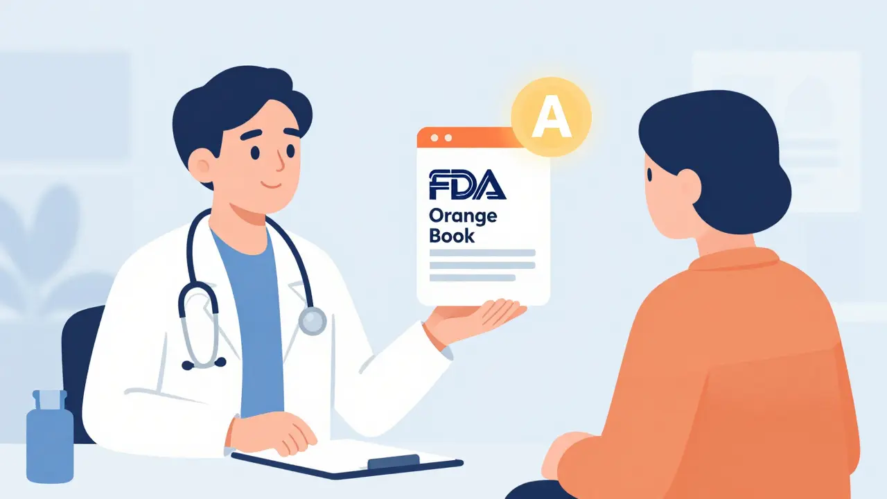 Monoline illustration of a doctor explaining the FDA Orange Book A-rating to a patient in a medical setting.