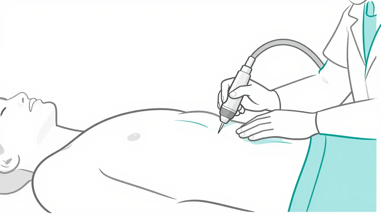 Monoline illustration of a doctor performing ultrasound-guided thoracentesis on a patient.
