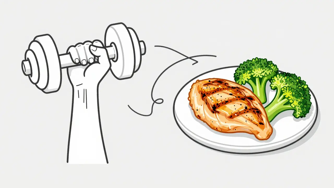Monoline illustration of a dumbbell and a protein-rich meal showing the link between exercise and nutrition.