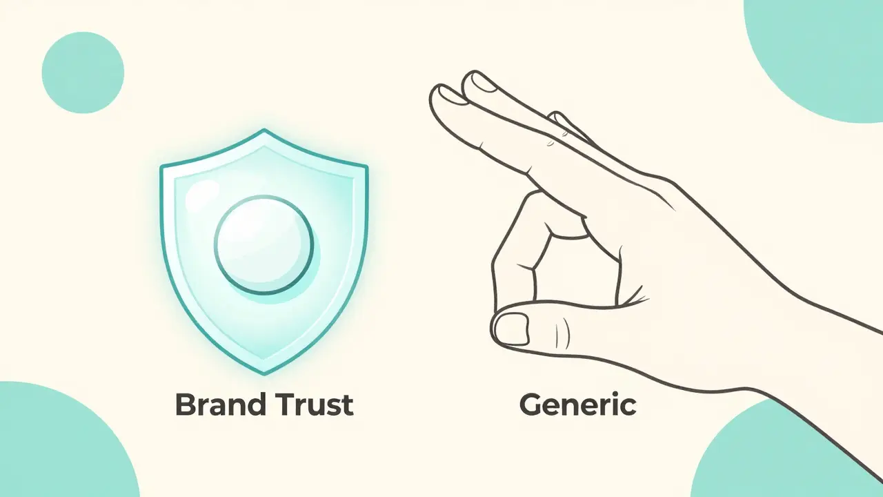 Monoline illustration of a hand choosing between a protected brand-name pill and a generic pill.