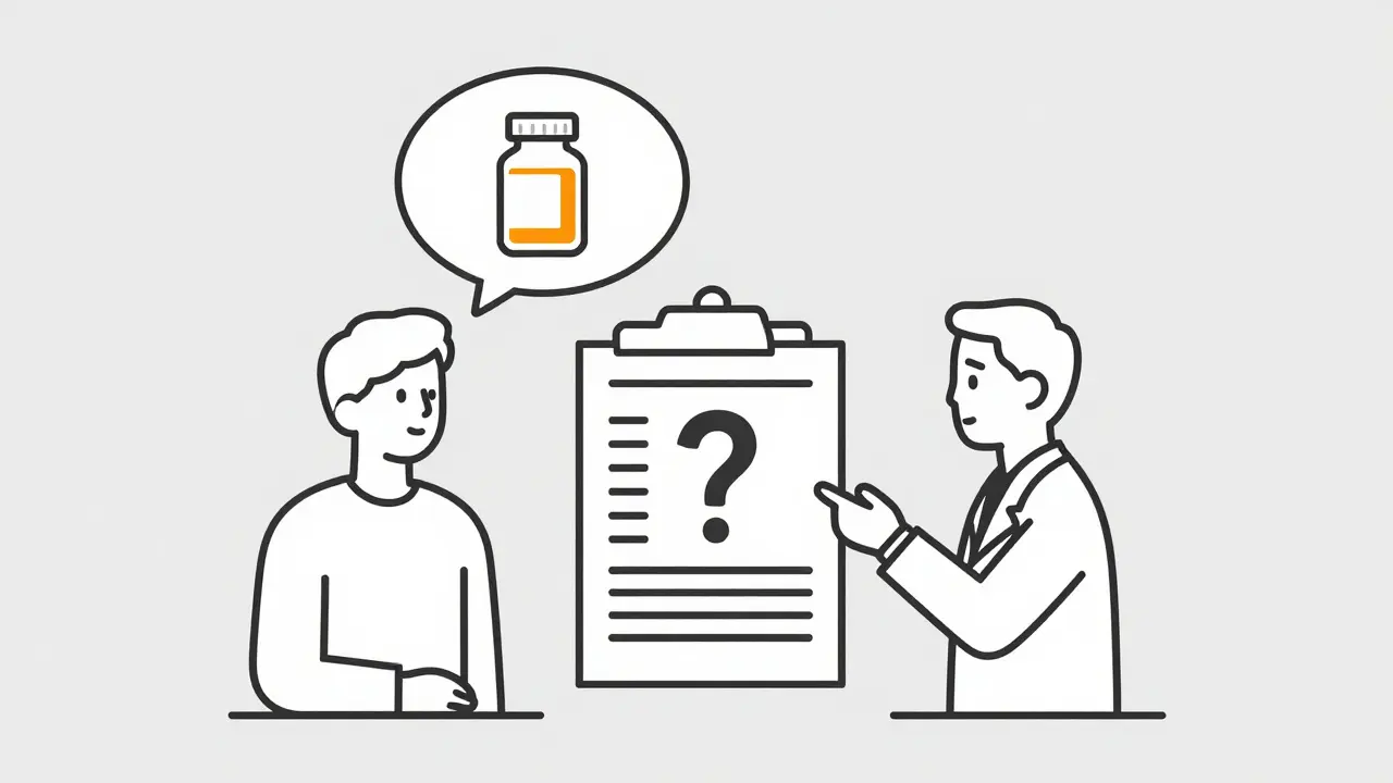 Monoline illustration of a patient discussing vitamin use with a doctor.