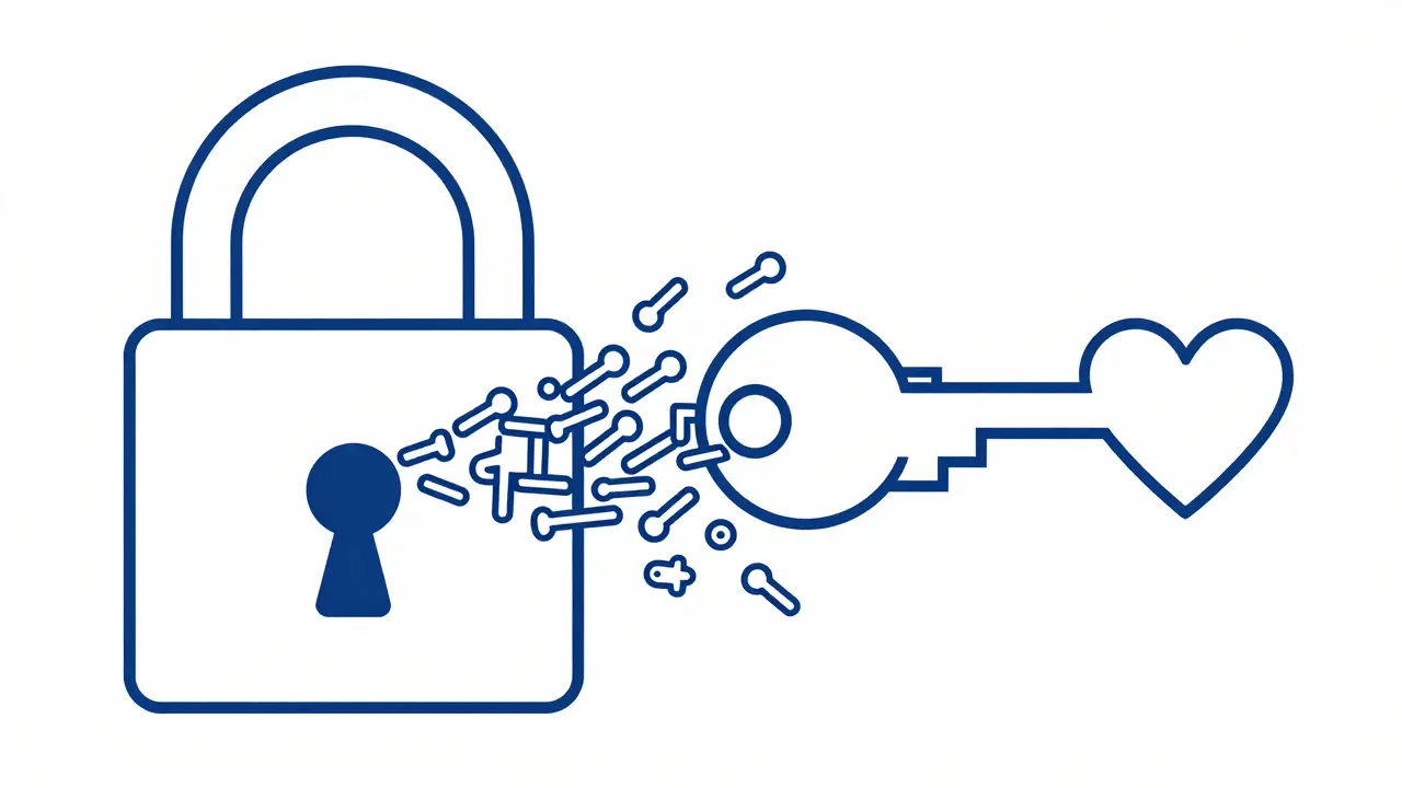Monoline illustration showing biotin molecules blocking a medical marker from a lock.