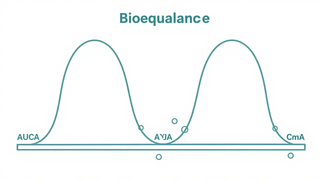 Monoline scientific illustration showing overlapping pharmacokinetic curves in a bloodstream to represent bioequivalence.