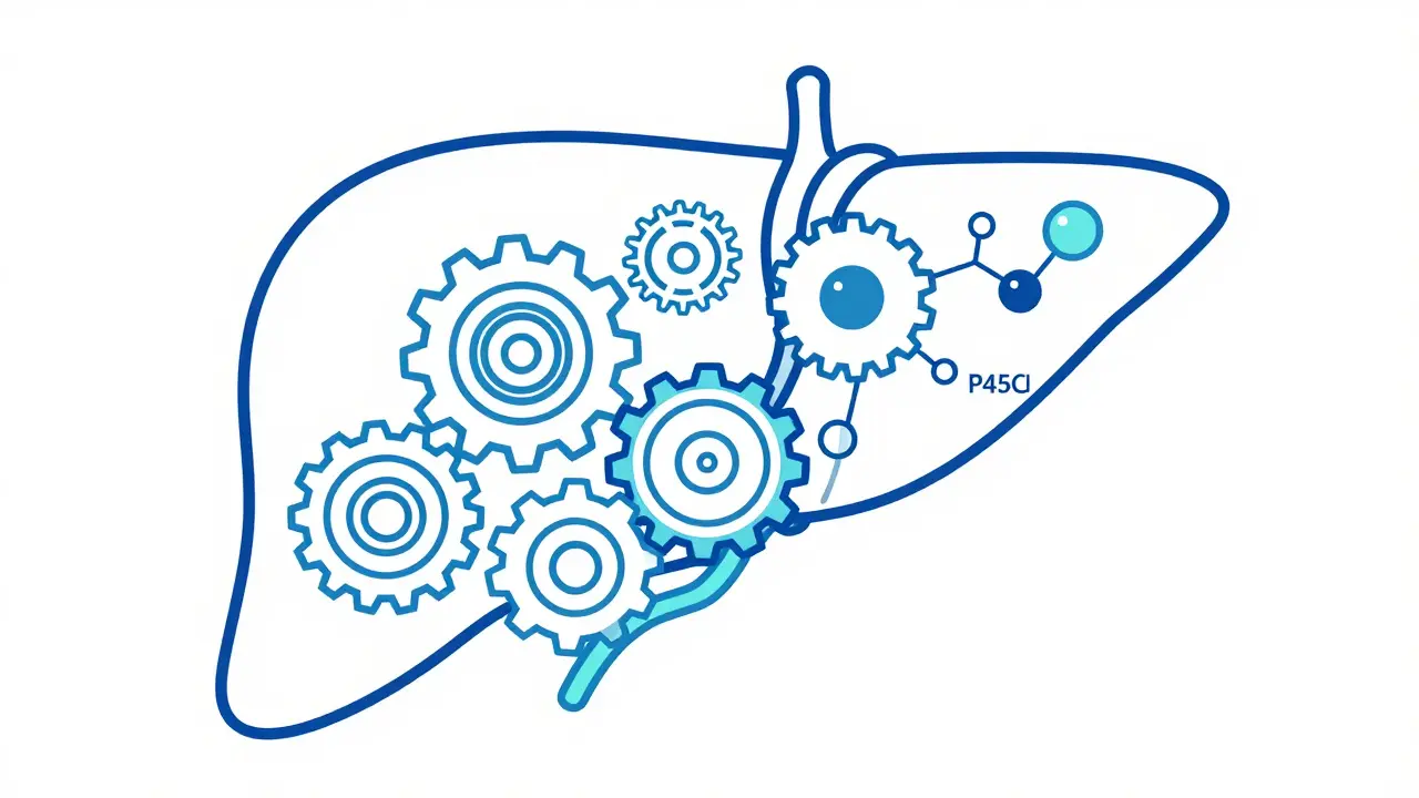 Stylized liver with gears representing the Cytochrome P450 enzyme system processing medication